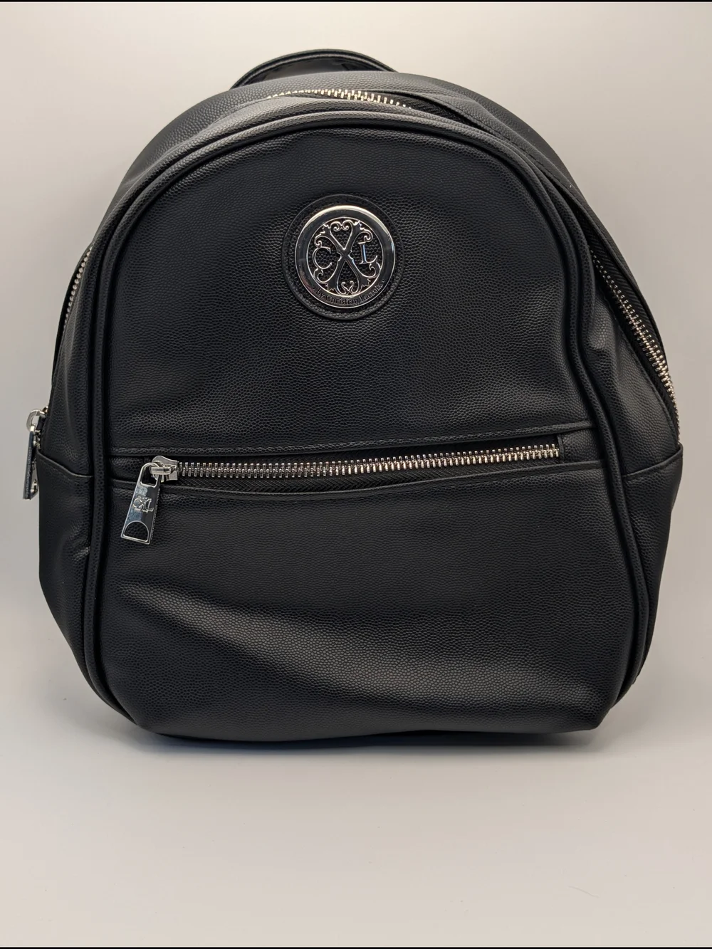CXL by Christian Lacroix Black Pebbled Backpack Zip Top Silver Hardware